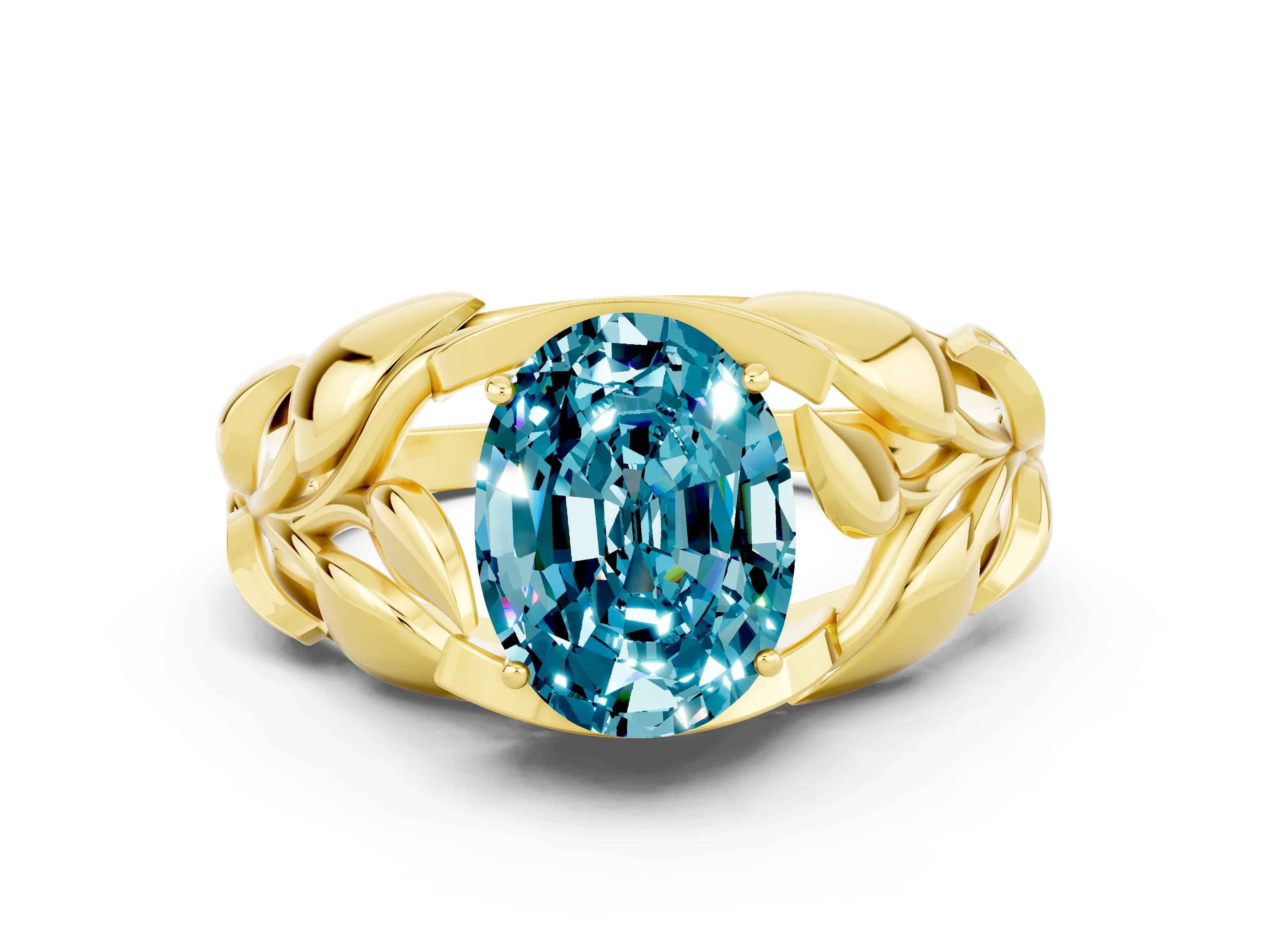 Yellow gold Oval Cut Solitaire Leaf-Inspired Engagement Ring with Prong Setting