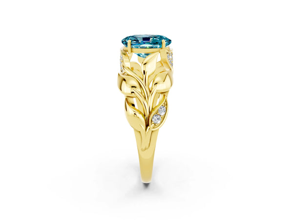Yellow gold Oval Cut Solitaire Leaf-Inspired Engagement Ring with Prong Setting