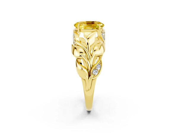 Yellow gold Oval Cut Yellow Sapphire Leaf-Inspired Engagement Ring with Round Accents and Prong Setting