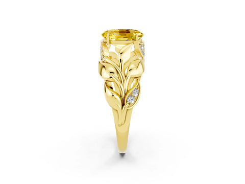 Yellow gold Oval Cut Solitaire Leaf-Inspired Engagement Ring with Prong Setting_2