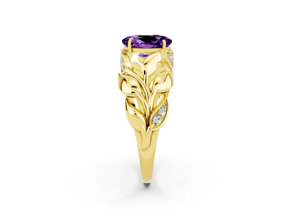 Yellow gold Oval Cut Amethyst Leaf-Inspired Engagement Ring with Round Accents and Prong Setting