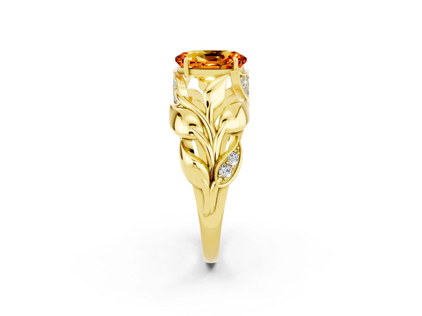 Yellow gold Oval Cut Citrine Leaf-Inspired Engagement Ring with Round Accents and Prong Setting