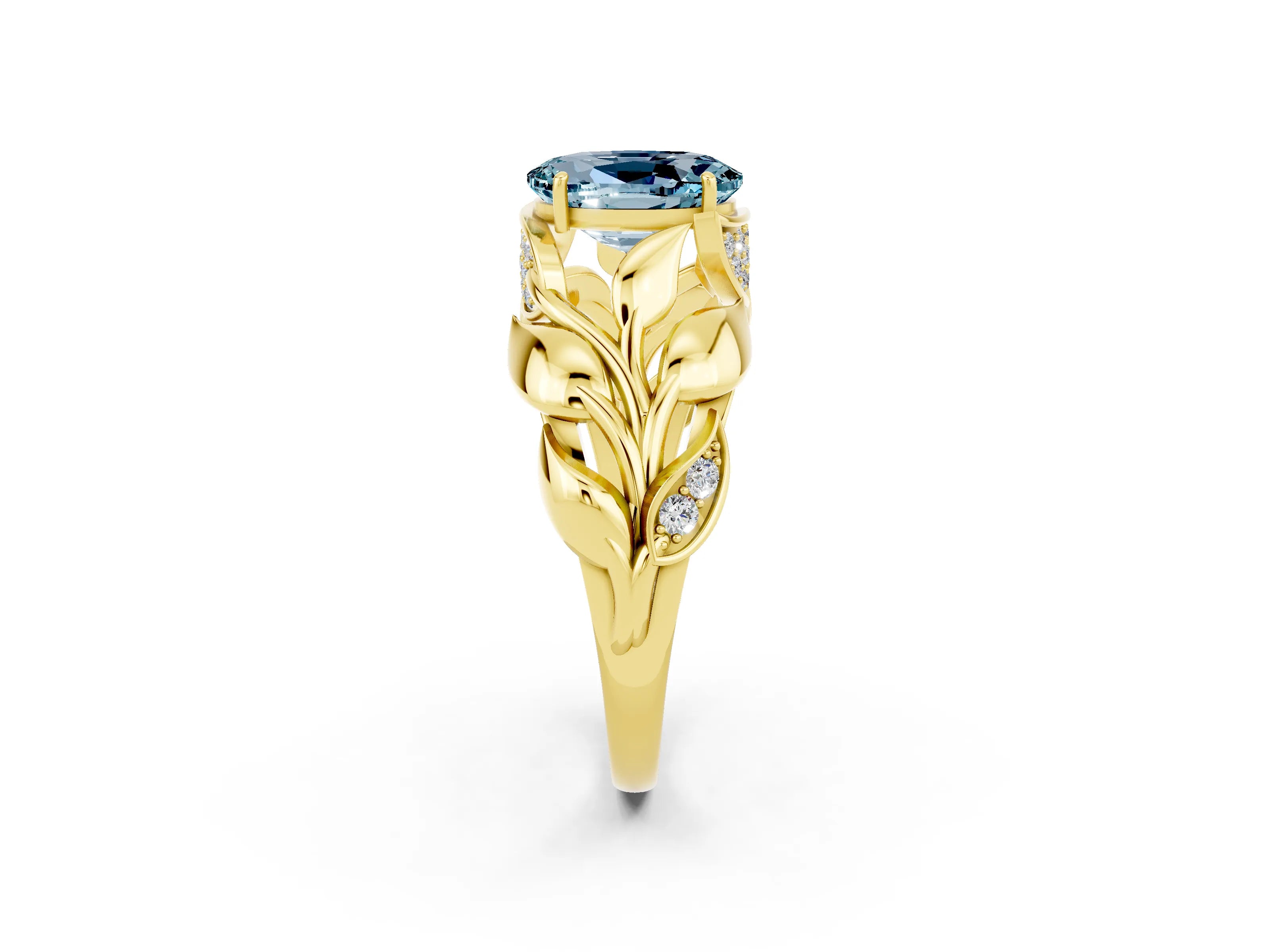 Yellow gold Oval Cut Solitaire Leaf-Inspired Engagement Ring with Prong Setting_2