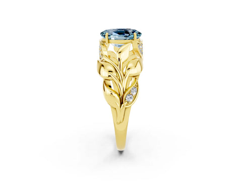 Yellow gold Oval Cut Solitaire Leaf-Inspired Engagement Ring with Prong Setting_2