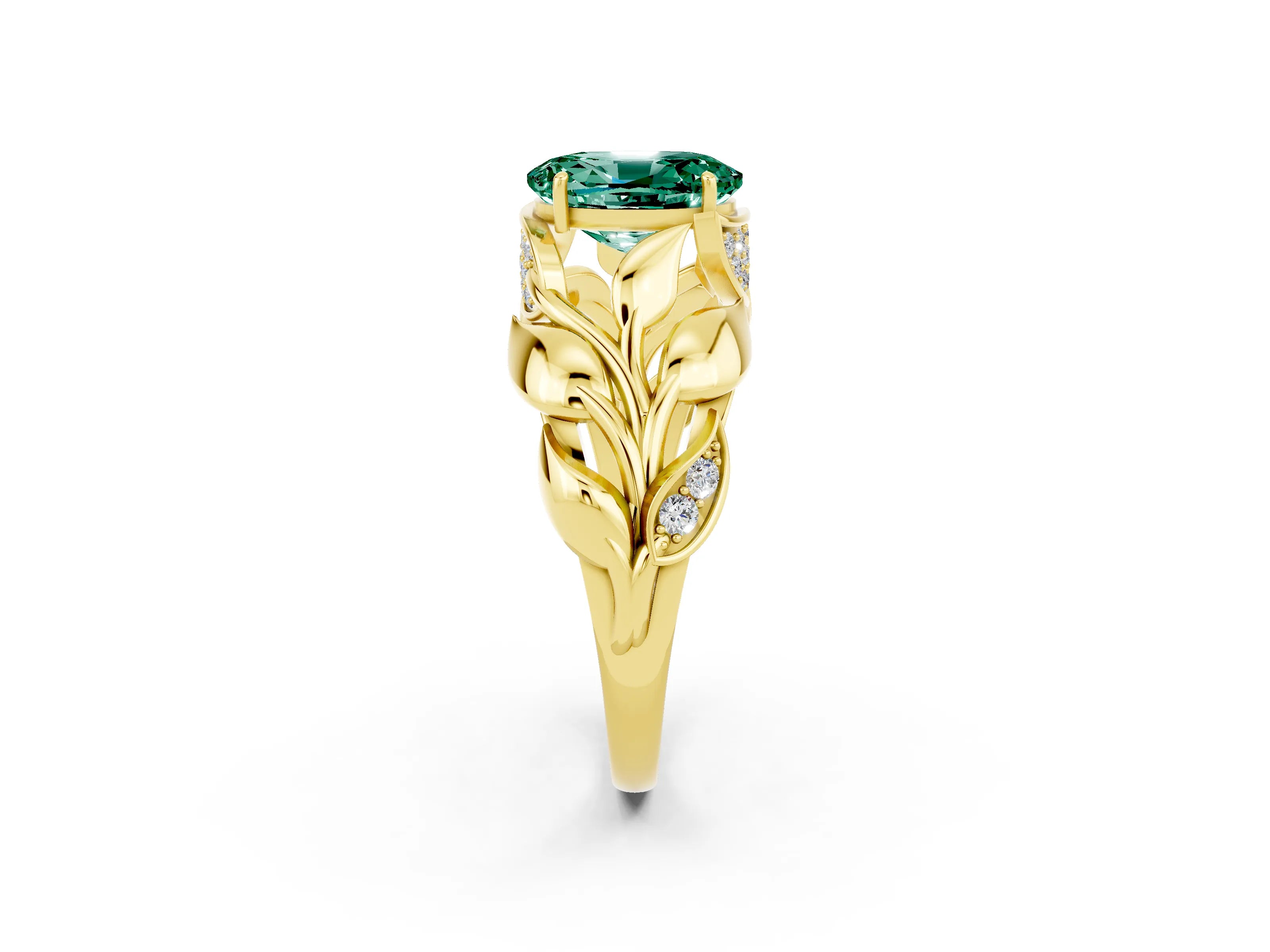 Yellow gold Oval Cut Solitaire Leaf-Inspired Engagement Ring with Prong Setting_2