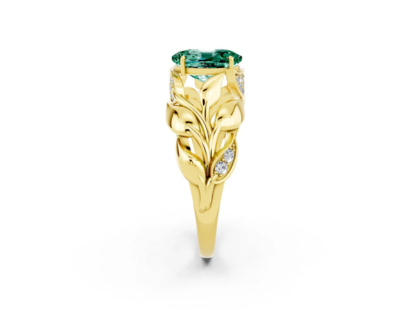 Yellow gold Oval Cut Green Sapphire Leaf-Inspired Engagement Ring with Round Accents and Prong Setting
