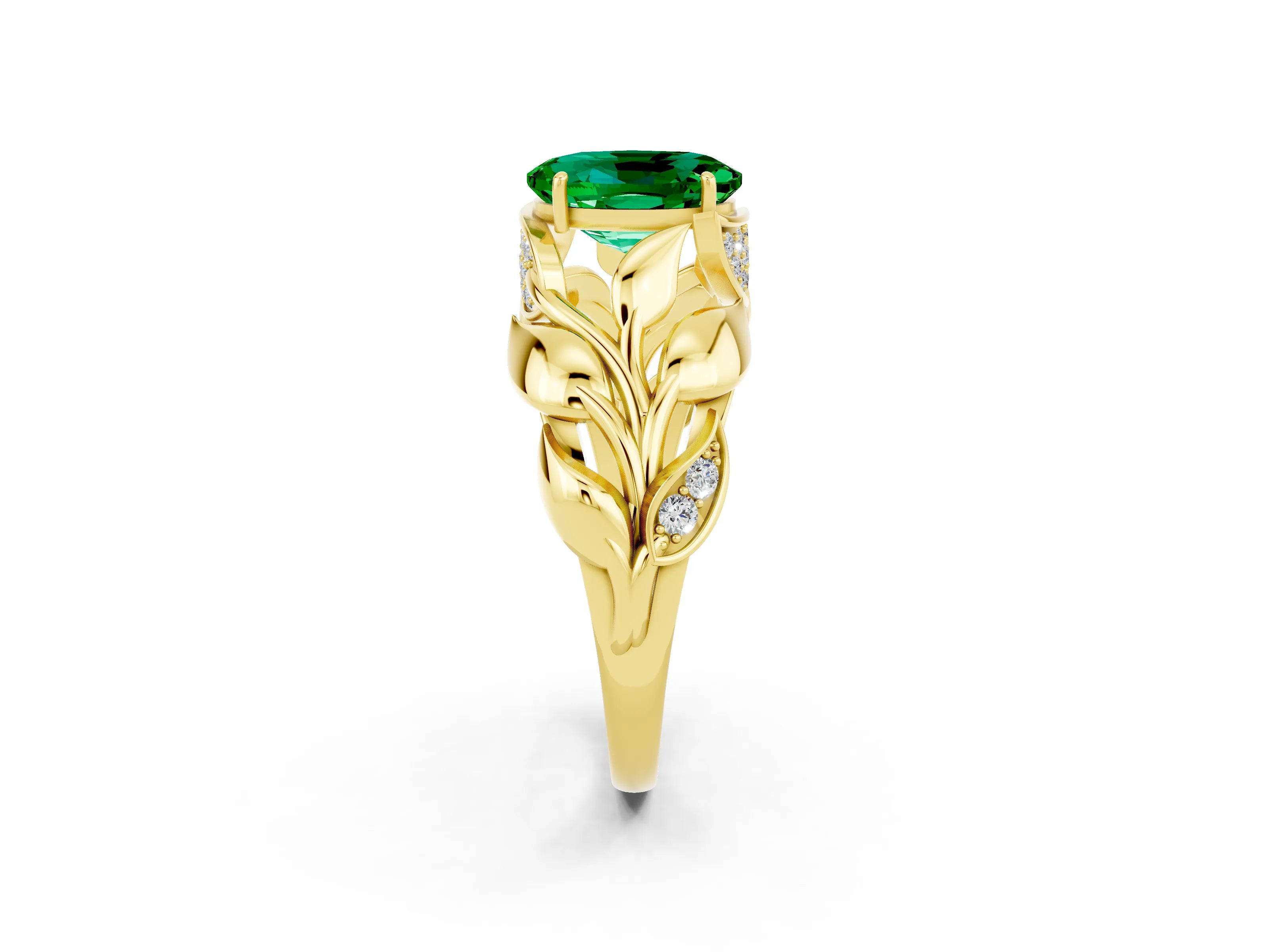 Yellow gold Oval Cut Solitaire Leaf-Inspired Engagement Ring with Prong Setting_2