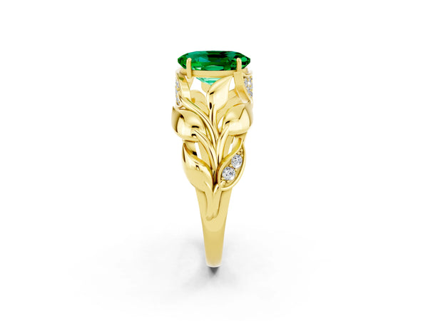 Yellow gold Oval Cut Emerald Leaf-Inspired Engagement Ring with Round Accents and Prong Setting