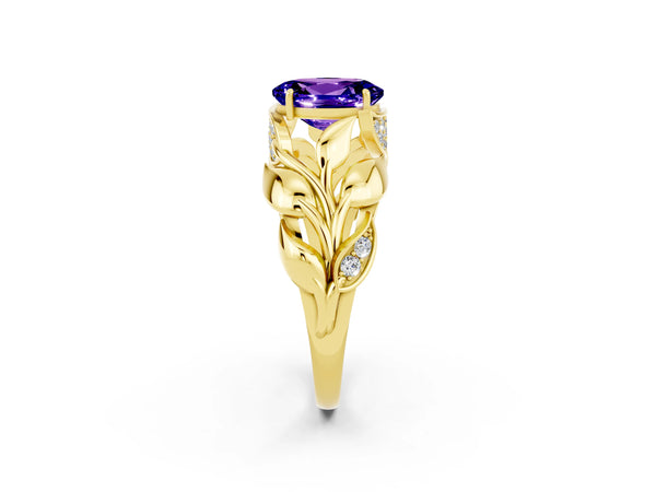 Yellow gold Oval Cut Tanzanite Leaf-Inspired Engagement Ring with Round Accents and Prong Setting