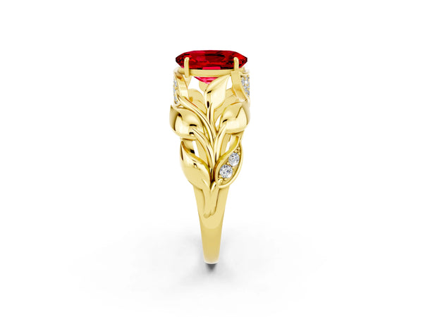 Yellow gold Oval Cut Ruby Leaf-Inspired Engagement Ring with Round Accents and Prong Setting
