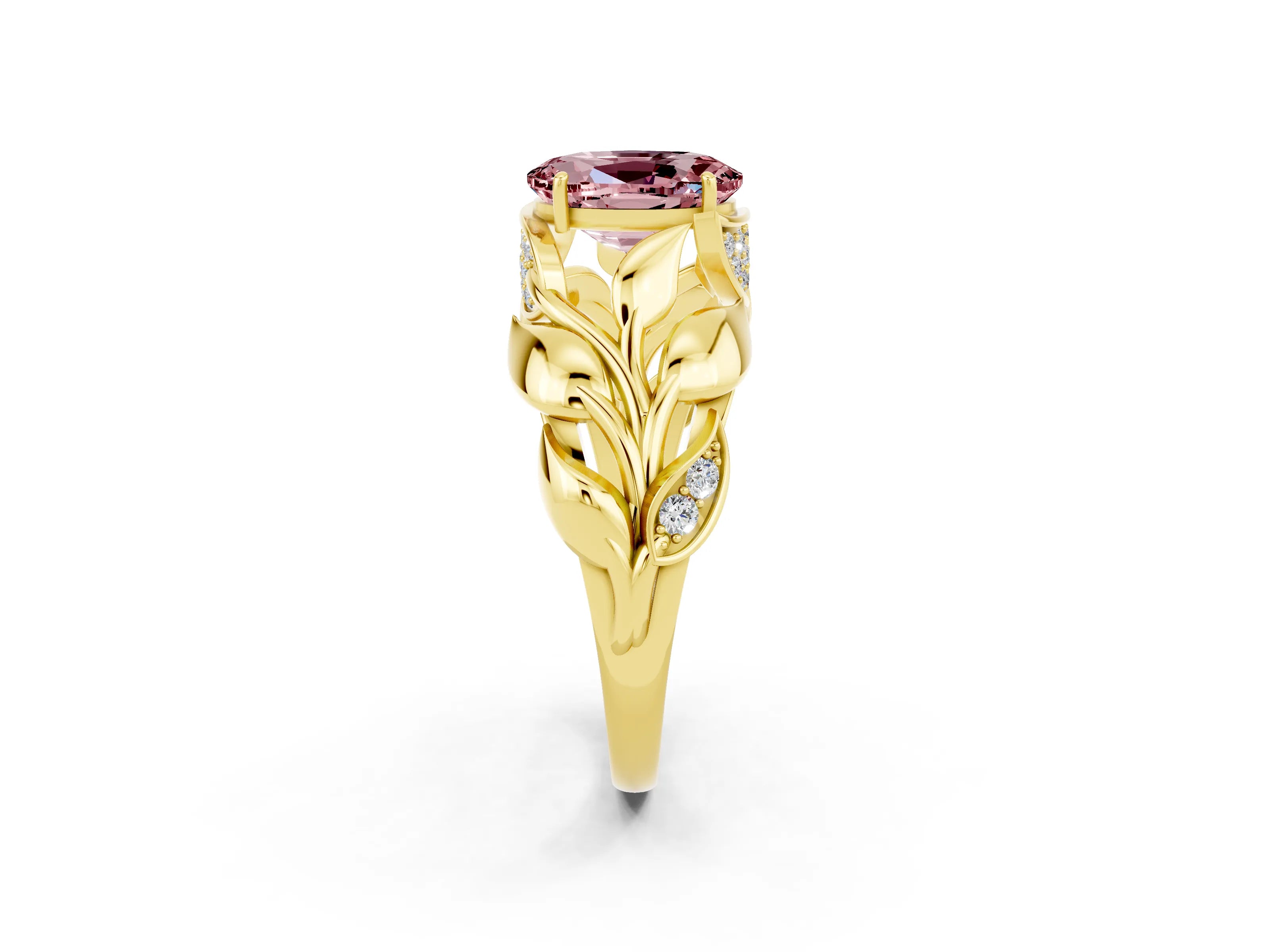 Yellow gold Oval Cut Solitaire Leaf-Inspired Engagement Ring with Prong Setting_2