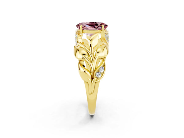 Yellow gold Oval Cut Solitaire Leaf-Inspired Engagement Ring with Prong Setting
