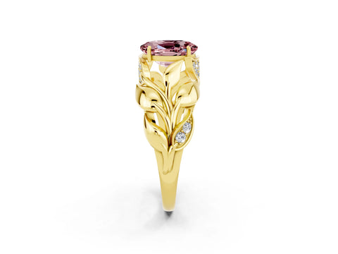 Yellow gold Oval Cut Solitaire Leaf-Inspired Engagement Ring with Prong Setting_2