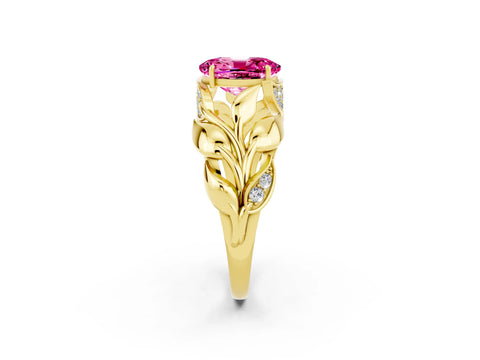 Yellow gold Oval Cut Solitaire Leaf-Inspired Engagement Ring with Prong Setting_2