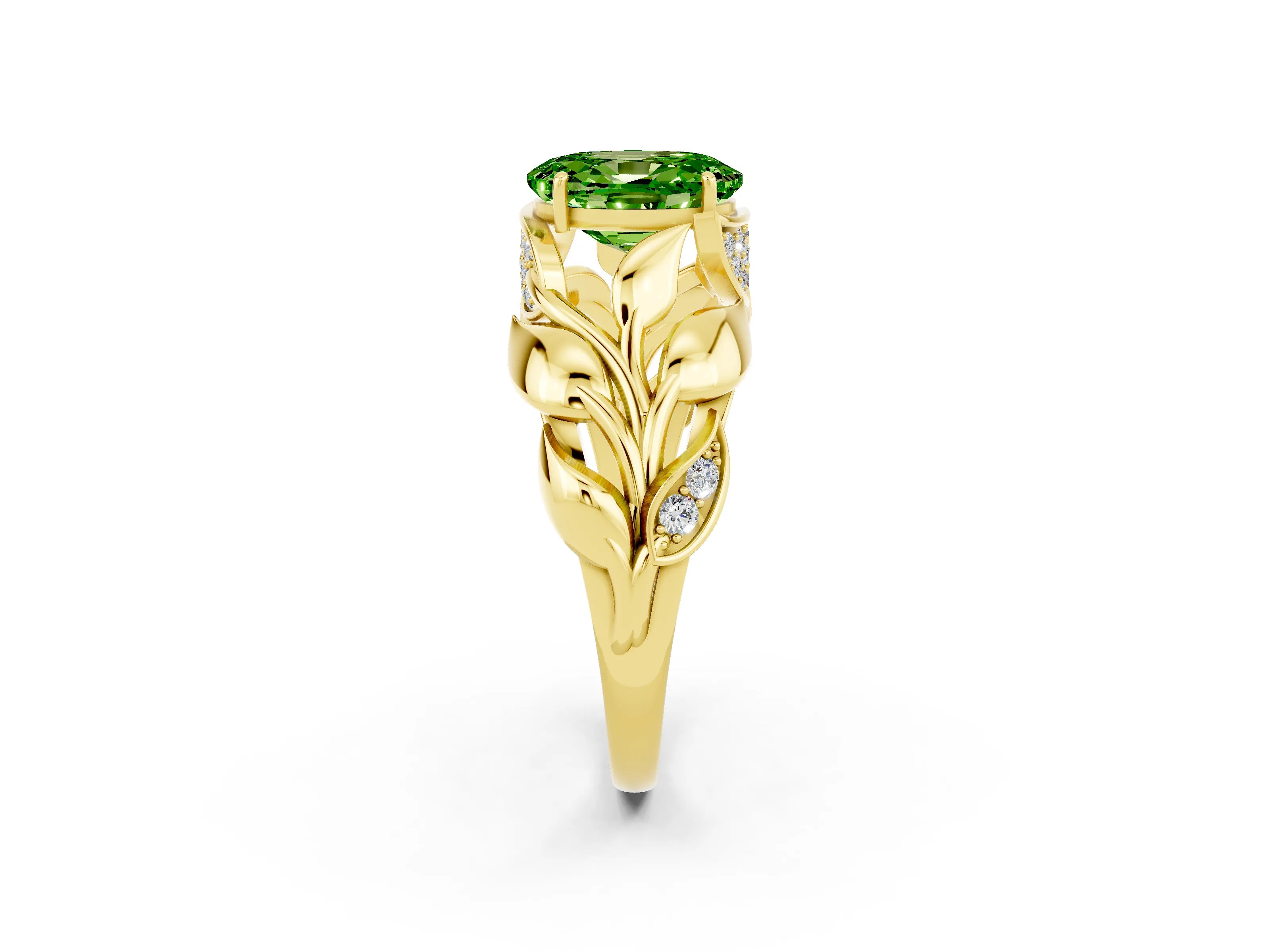 Yellow gold Oval Cut Solitaire Leaf-Inspired Engagement Ring with Prong Setting_2