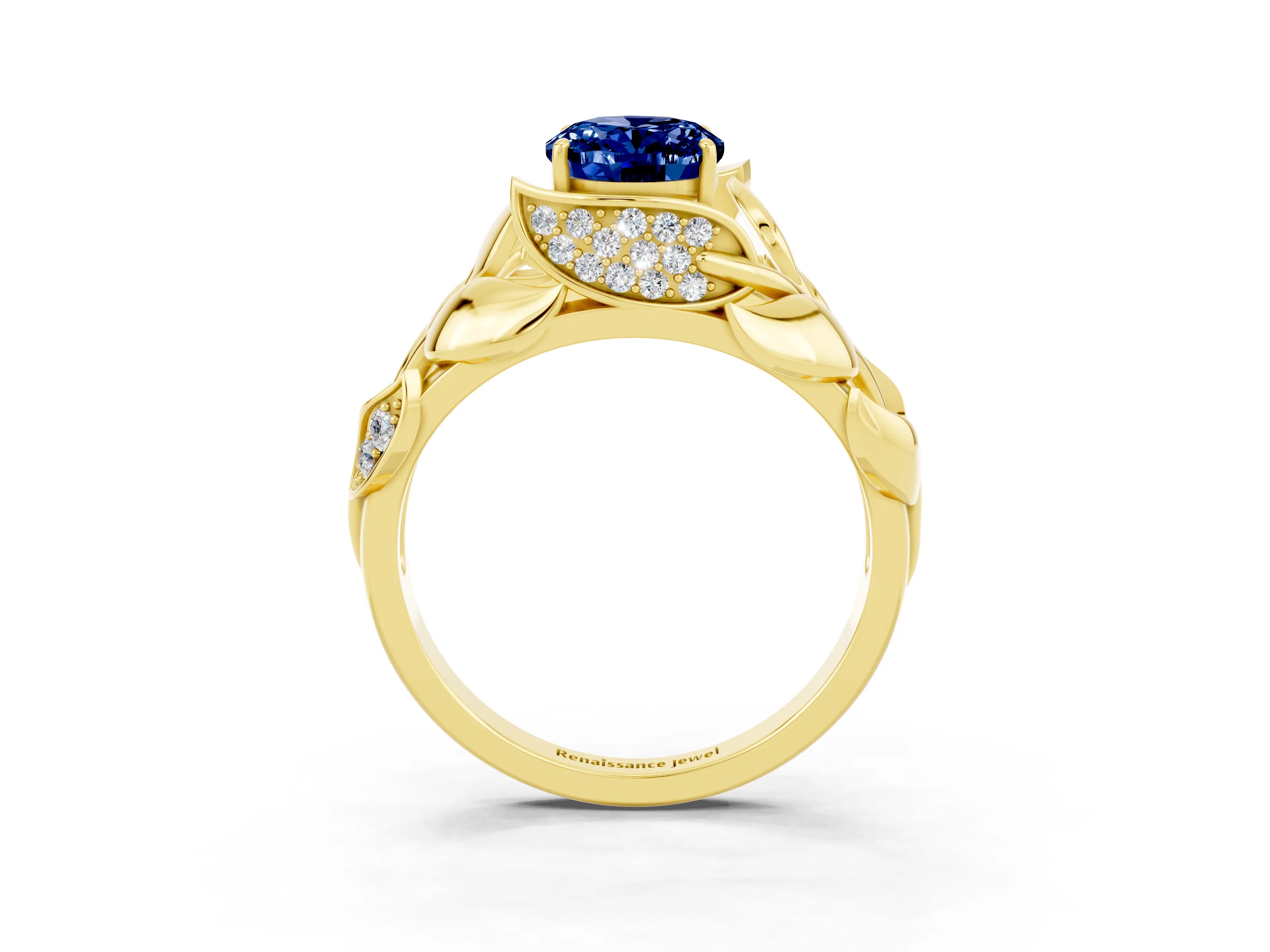 Yellow gold Oval Cut Solitaire Leaf-Inspired Engagement Ring with Prong Setting_3