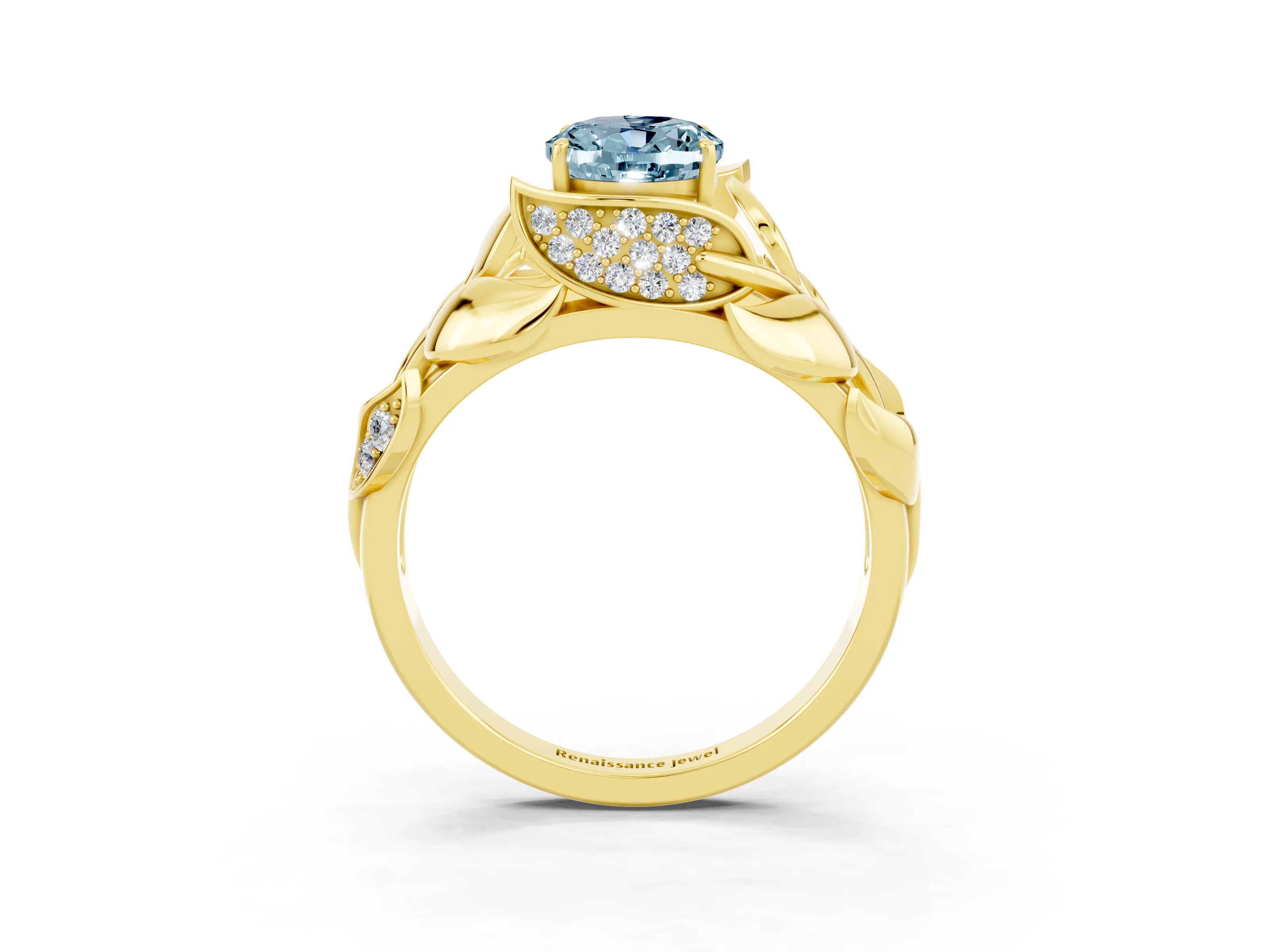 Yellow gold Oval Cut Solitaire Leaf-Inspired Engagement Ring with Prong Setting_3