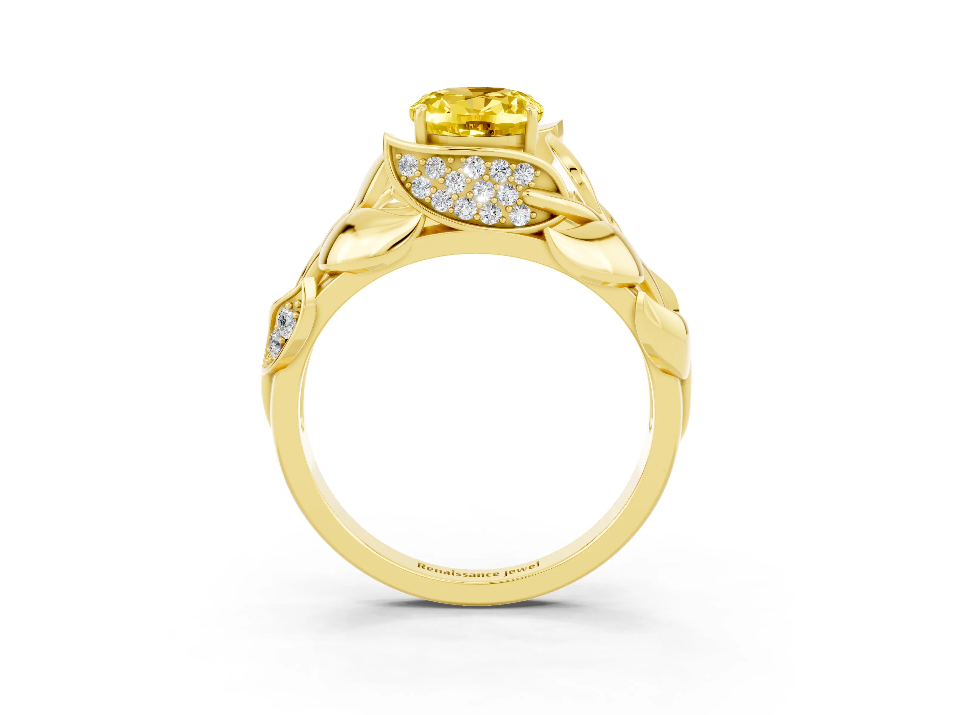 Yellow gold Oval Cut Solitaire Leaf-Inspired Engagement Ring with Prong Setting_3