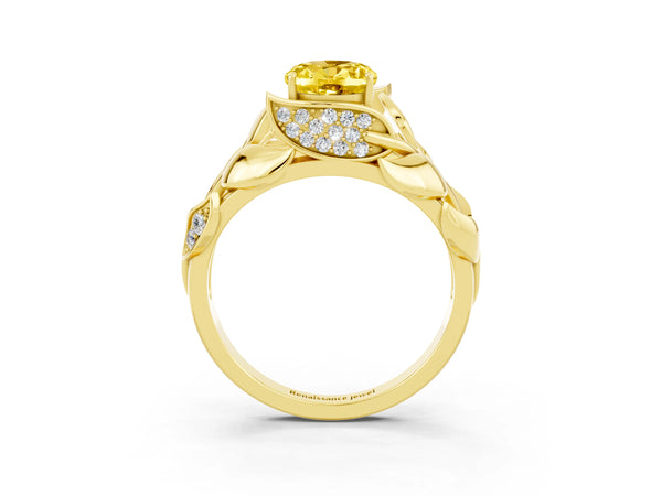 Yellow gold Oval Cut Yellow Sapphire Leaf-Inspired Engagement Ring with Round Accents and Prong Setting