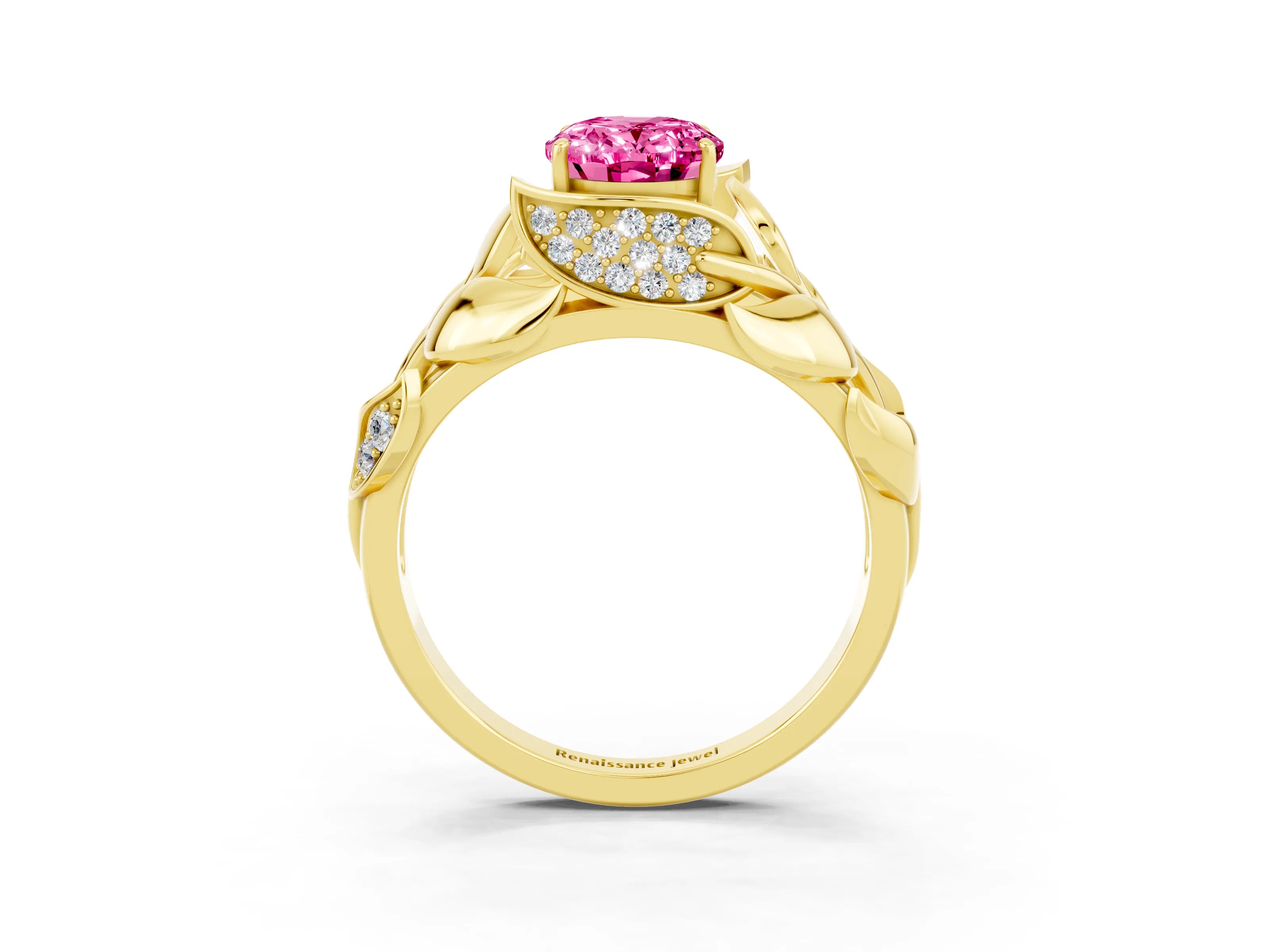 Yellow gold Oval Cut Solitaire Leaf-Inspired Engagement Ring with Prong Setting_3