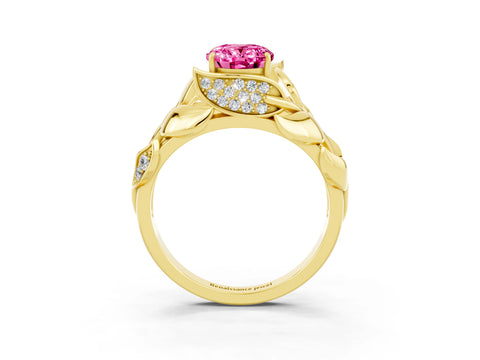Yellow gold Oval Cut Solitaire Leaf-Inspired Engagement Ring with Prong Setting_3