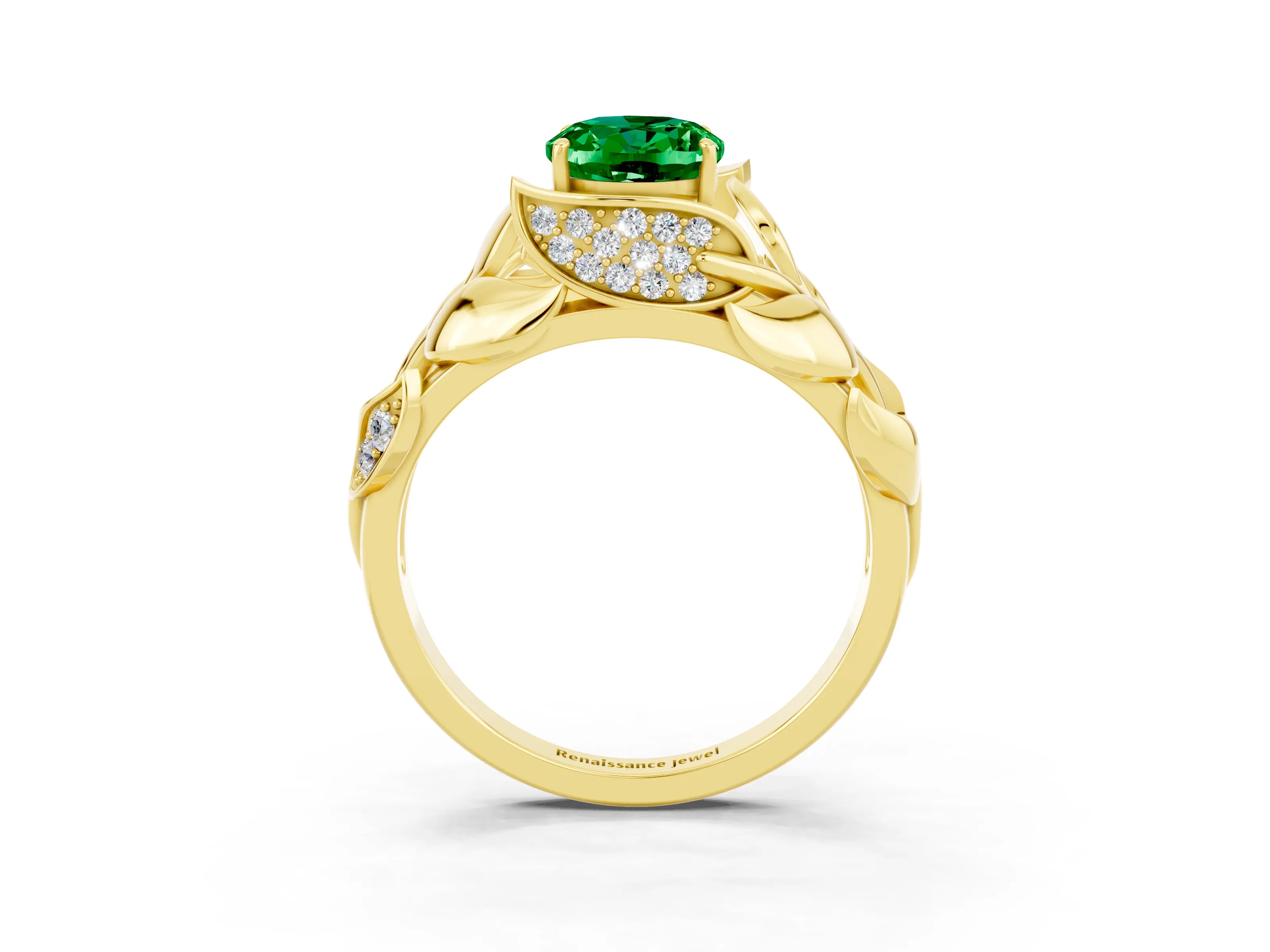 Yellow gold Oval Cut Solitaire Leaf-Inspired Engagement Ring with Prong Setting_3