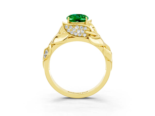 Yellow gold Oval Cut Emerald Leaf-Inspired Engagement Ring with Round Accents and Prong Setting