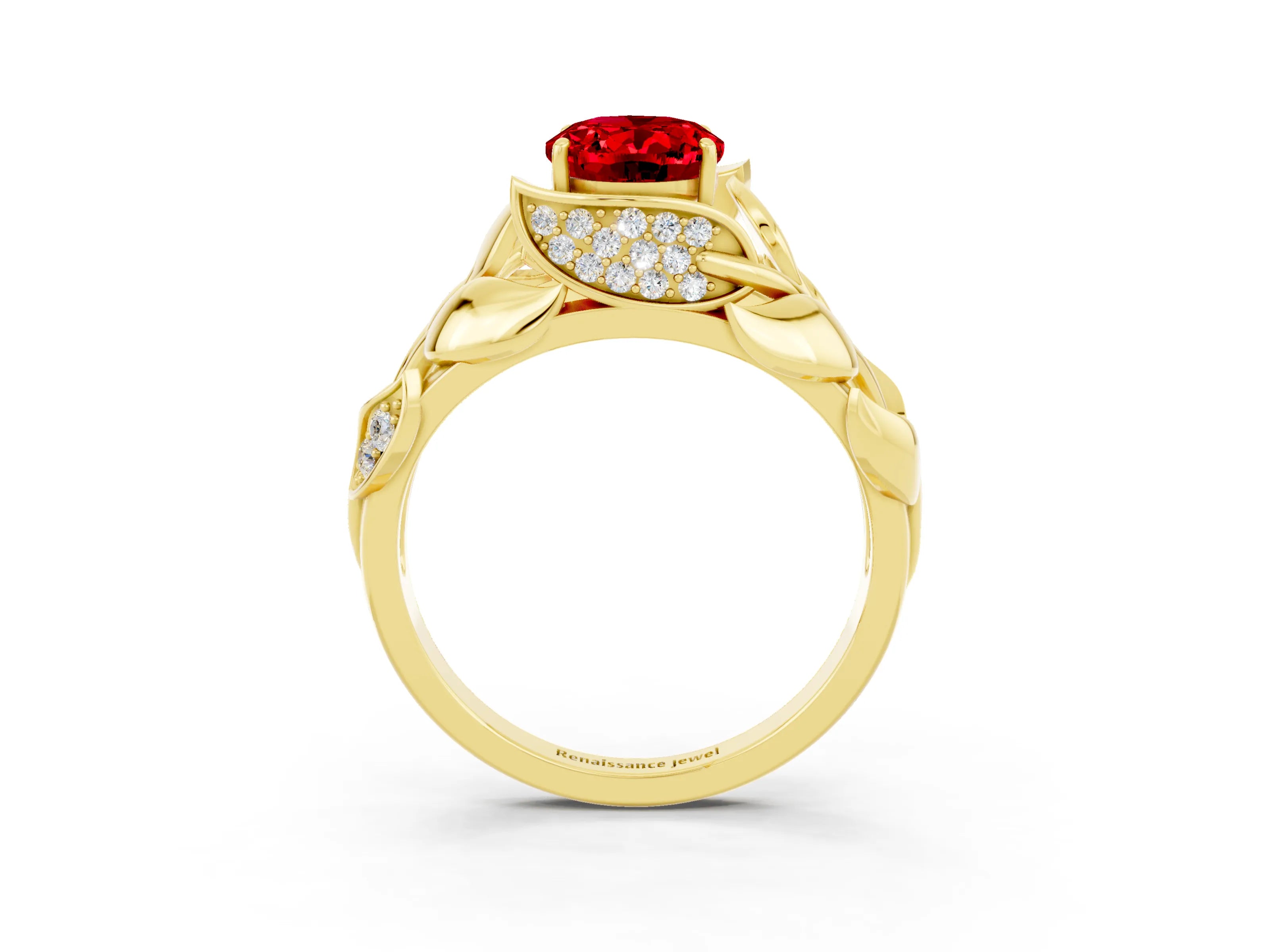 Yellow gold Oval Cut Solitaire Leaf-Inspired Engagement Ring with Prong Setting_3