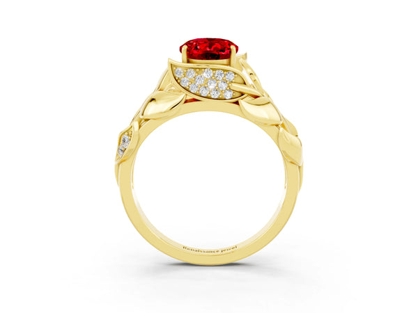 Yellow gold Oval Cut Ruby Leaf-Inspired Engagement Ring with Round Accents and Prong Setting