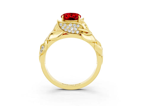 Yellow gold Oval Cut Solitaire Leaf-Inspired Engagement Ring with Prong Setting_3