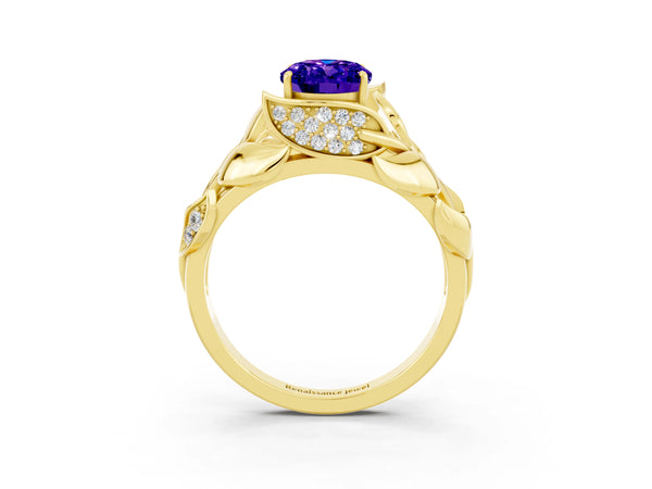 Yellow gold Oval Cut Tanzanite Leaf-Inspired Engagement Ring with Round Accents and Prong Setting