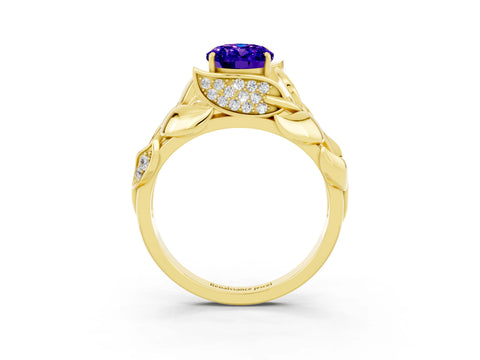 Yellow gold Oval Cut Solitaire Leaf-Inspired Engagement Ring with Prong Setting_3