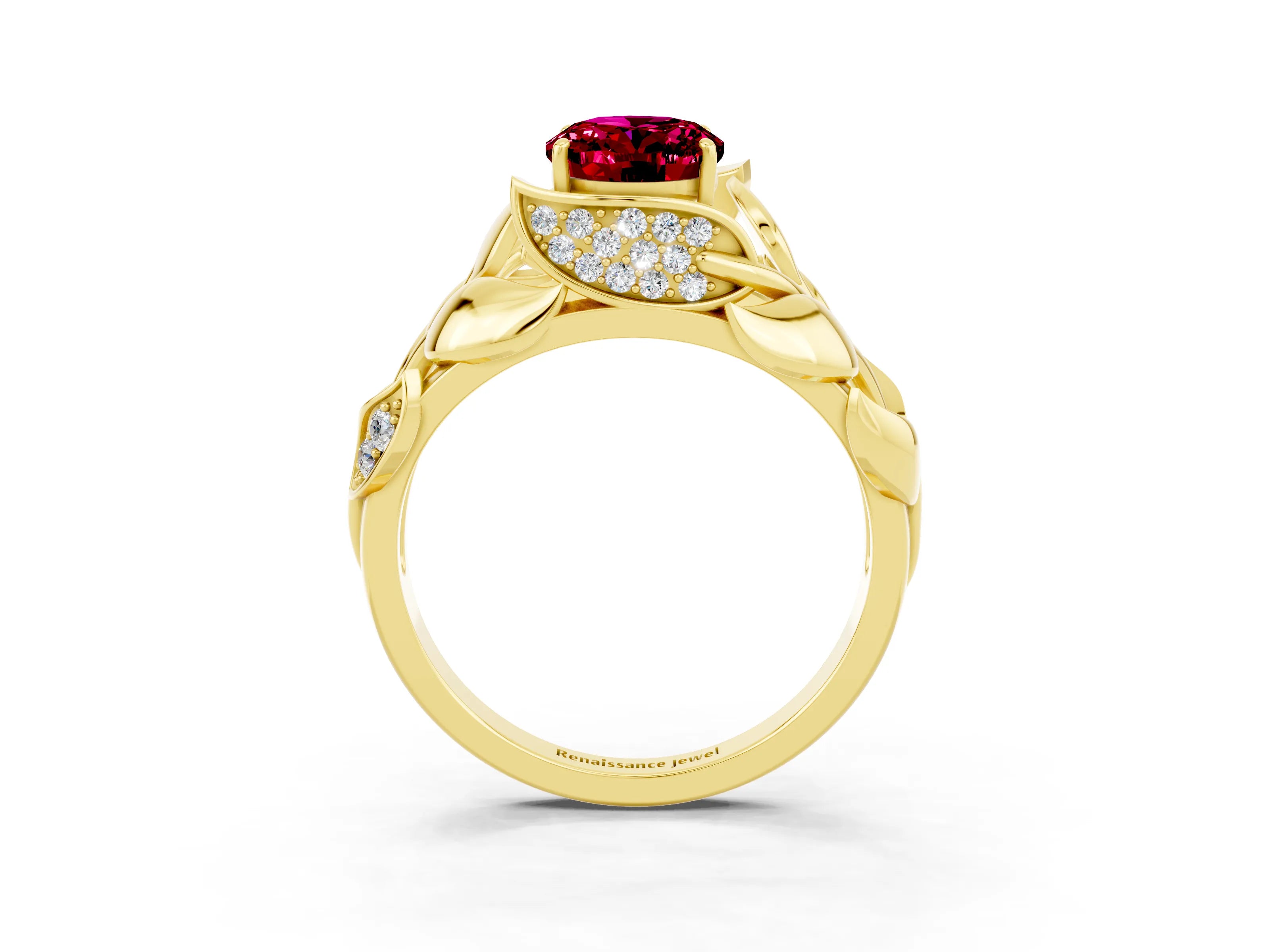 Yellow gold Oval Cut Solitaire Leaf-Inspired Engagement Ring with Prong Setting_3