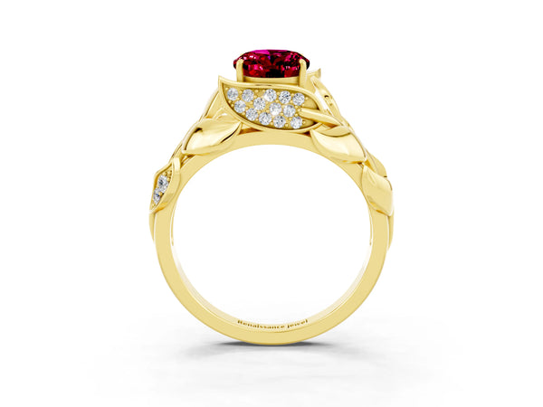 Yellow gold Oval Cut Garnet Leaf-Inspired Engagement Ring with Round Accents and Prong Setting