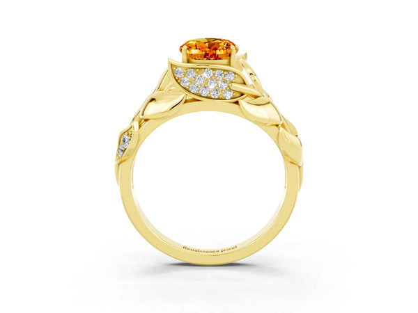 Yellow gold Oval Cut Citrine Leaf-Inspired Engagement Ring with Round Accents and Prong Setting