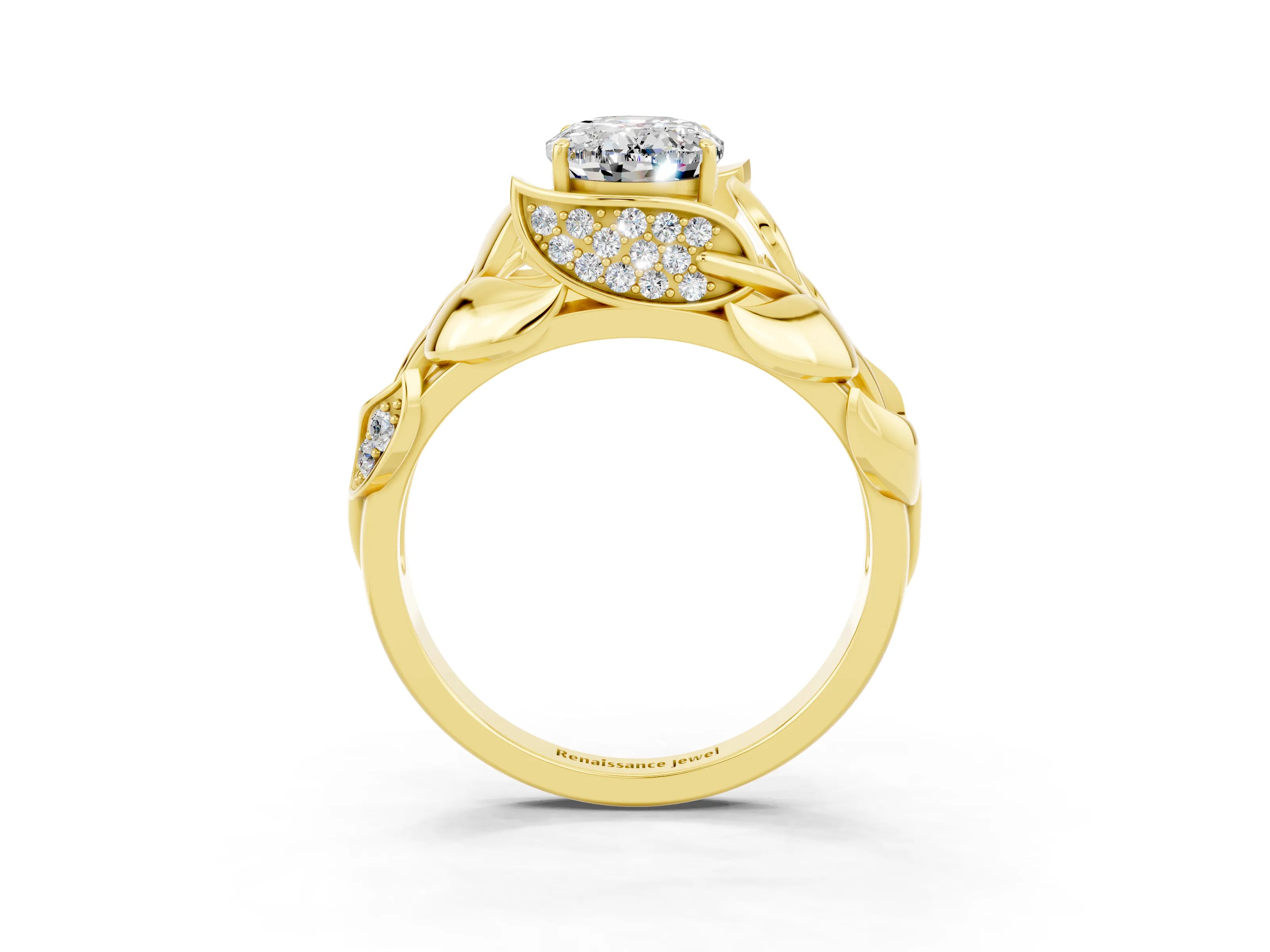 Yellow gold Oval Cut Solitaire Leaf-Inspired Engagement Ring with Prong Setting_3