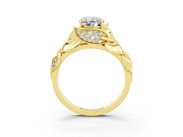 Yellow gold Oval Cut Moissanite Leaf-Inspired Engagement Ring with Round Accents and Prong Setting