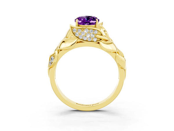 Yellow gold Oval Cut Amethyst Leaf-Inspired Engagement Ring with Round Accents and Prong Setting