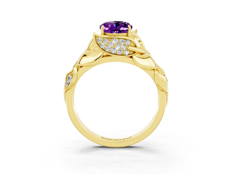 Yellow gold Oval Cut Solitaire Leaf-Inspired Engagement Ring with Prong Setting_3
