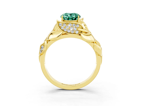 Yellow gold Oval Cut Green Sapphire Leaf-Inspired Engagement Ring with Round Accents and Prong Setting