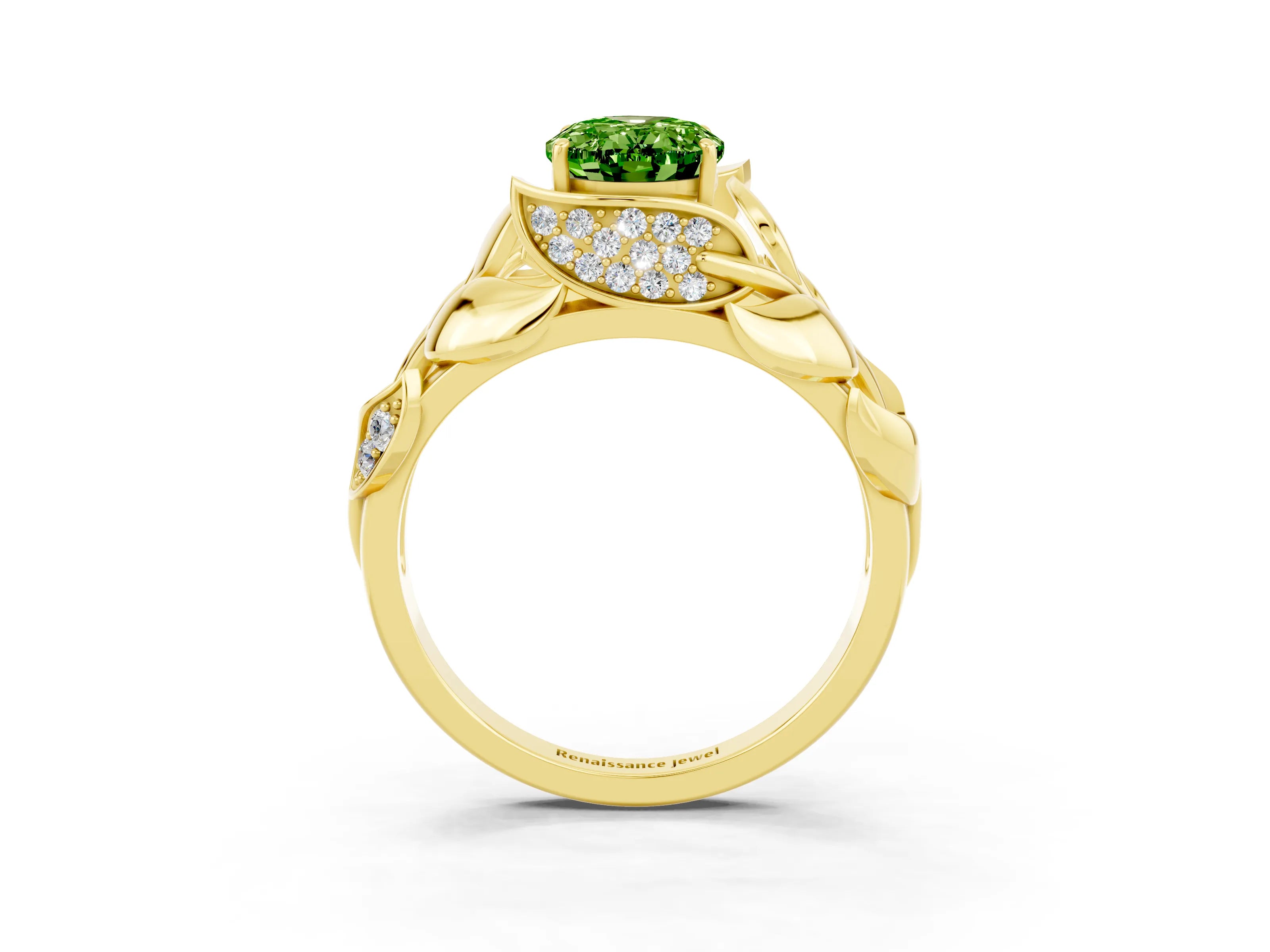Yellow gold Oval Cut Solitaire Leaf-Inspired Engagement Ring with Prong Setting_3