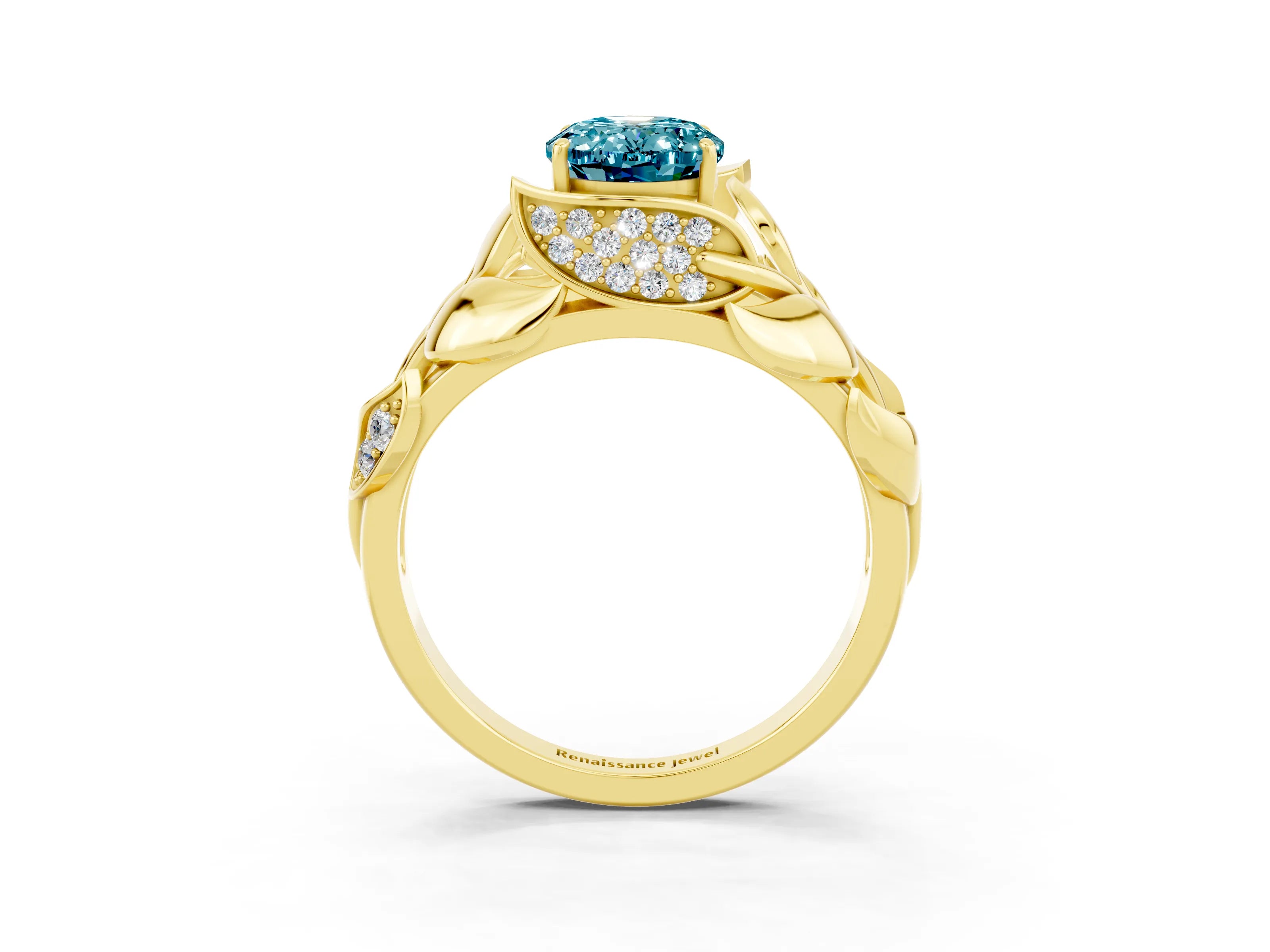 Yellow gold Oval Cut Solitaire Leaf-Inspired Engagement Ring with Prong Setting_3