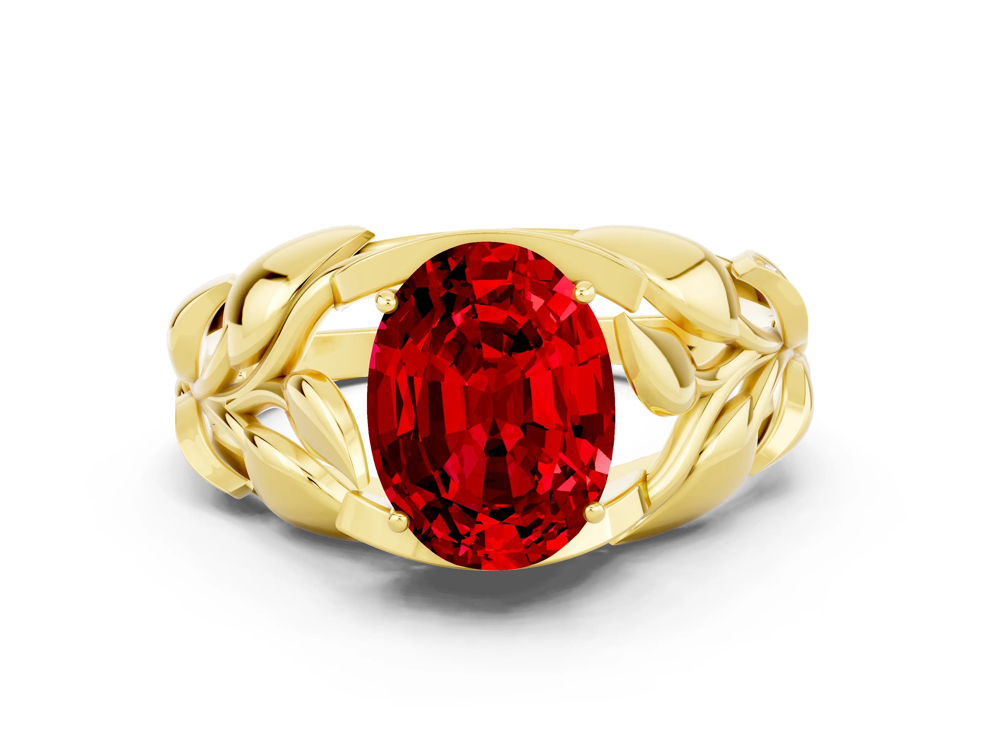 Yellow gold Oval Cut Solitaire Leaf-Inspired Engagement Ring with Prong Setting