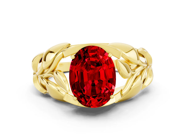 Yellow gold Oval Cut Ruby Leaf-Inspired Engagement Ring with Round Accents and Prong Setting