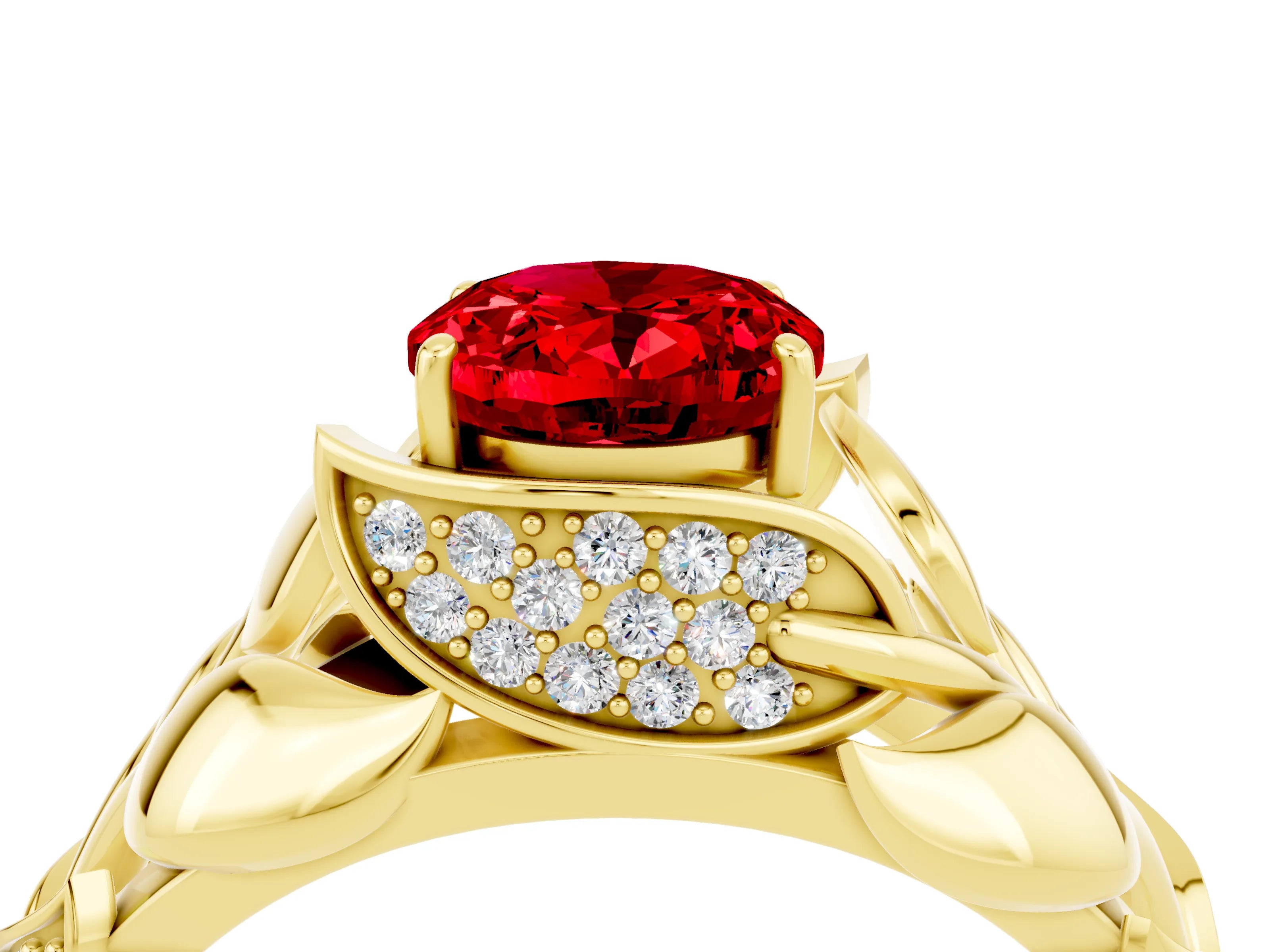 Yellow gold Oval Cut Solitaire Leaf-Inspired Engagement Ring with Prong Setting_4