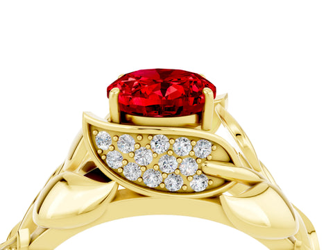 Yellow gold Oval Cut Solitaire Leaf-Inspired Engagement Ring with Prong Setting_4