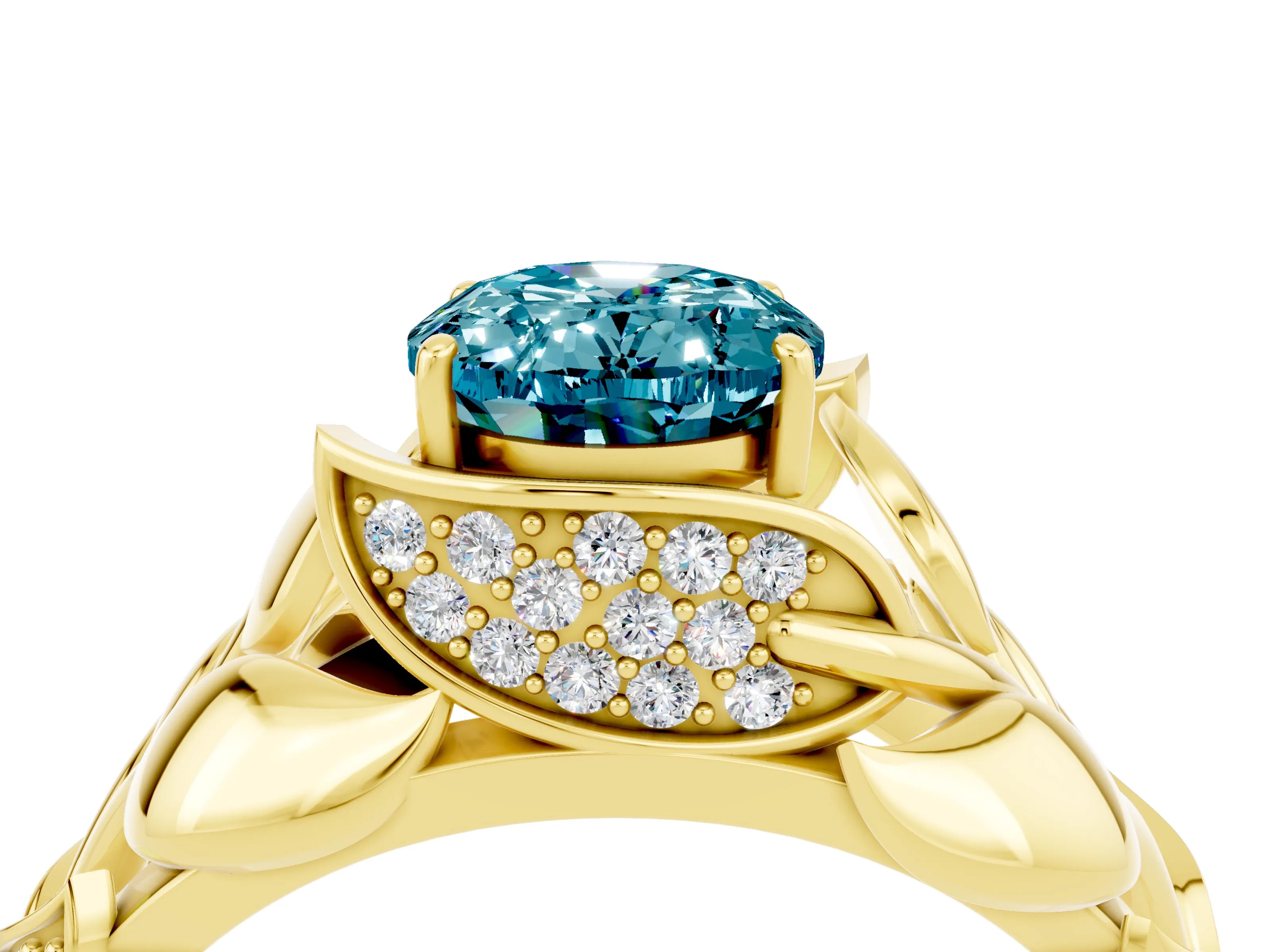 Yellow gold Oval Cut Solitaire Leaf-Inspired Engagement Ring with Prong Setting_4
