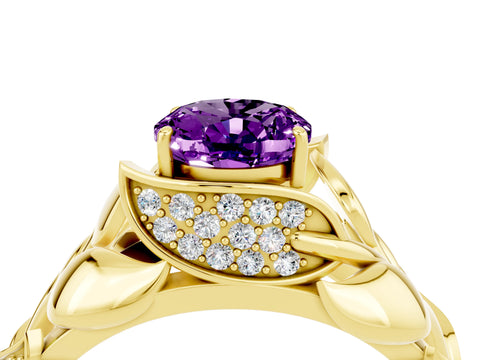 Yellow gold Oval Cut Solitaire Leaf-Inspired Engagement Ring with Prong Setting_4