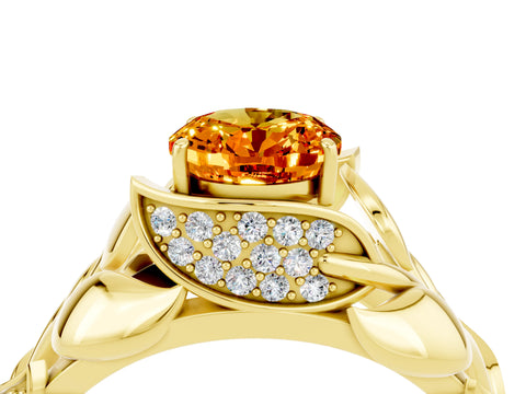 Yellow gold Oval Cut Solitaire Leaf-Inspired Engagement Ring with Prong Setting_4
