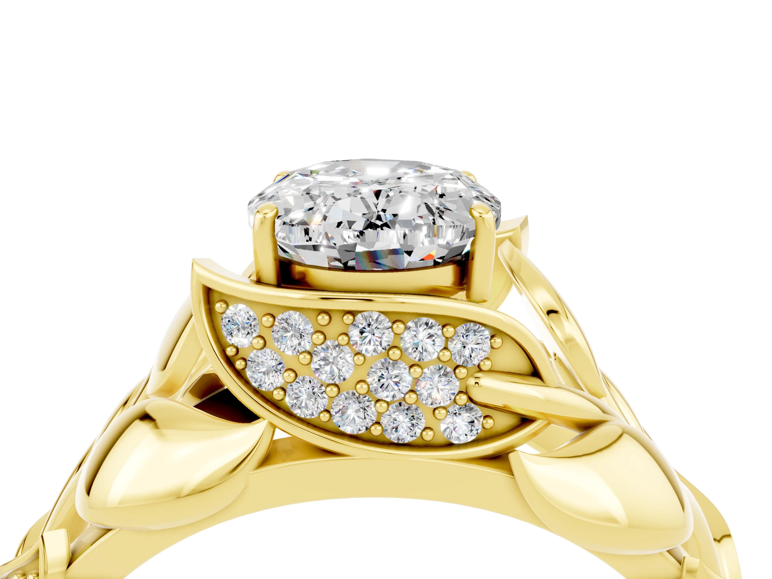 Yellow gold Oval Cut Solitaire Leaf-Inspired Engagement Ring with Prong Setting_4